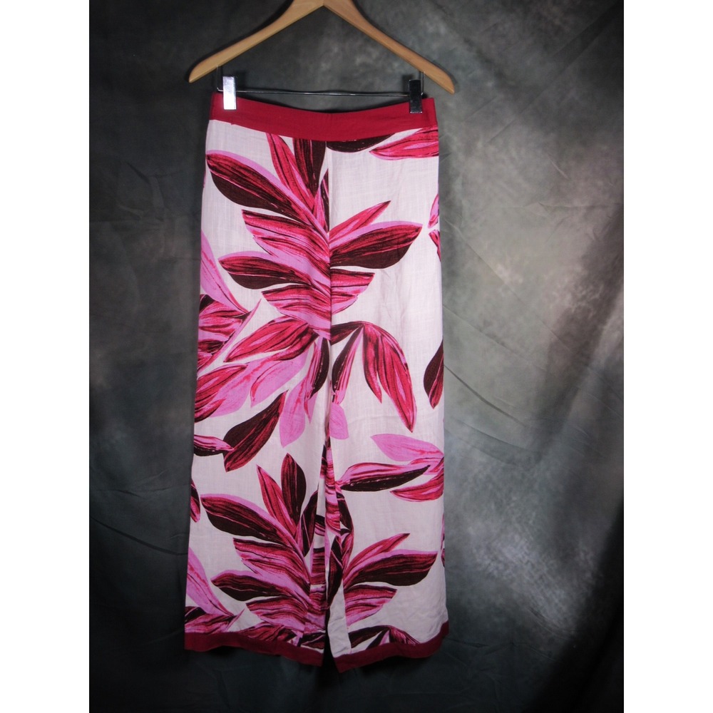 White Closet Elements Pink Tropical Leaf Print Wide Leg Linen Blend Pants L